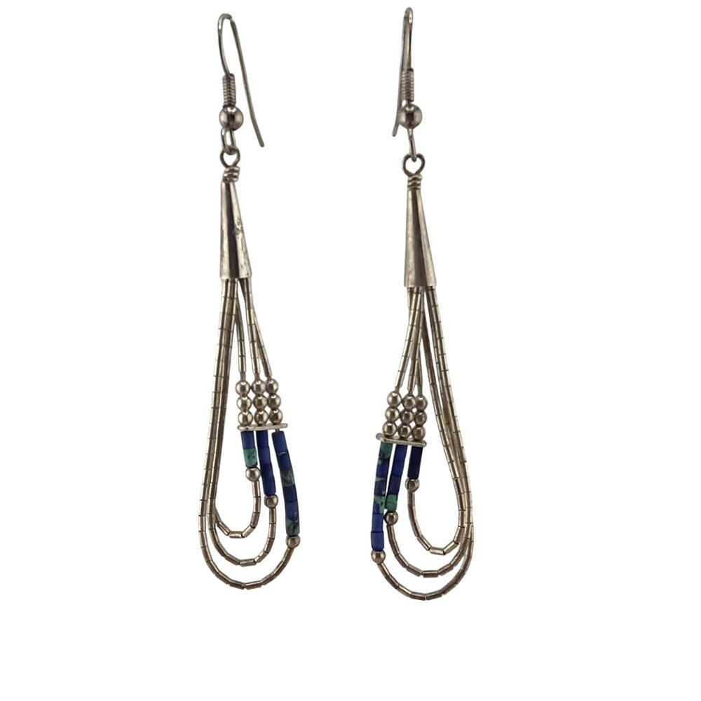 Vintage Sterling Silver Lapis Lazuli Bead and Liquid Silver Dangle Earrings